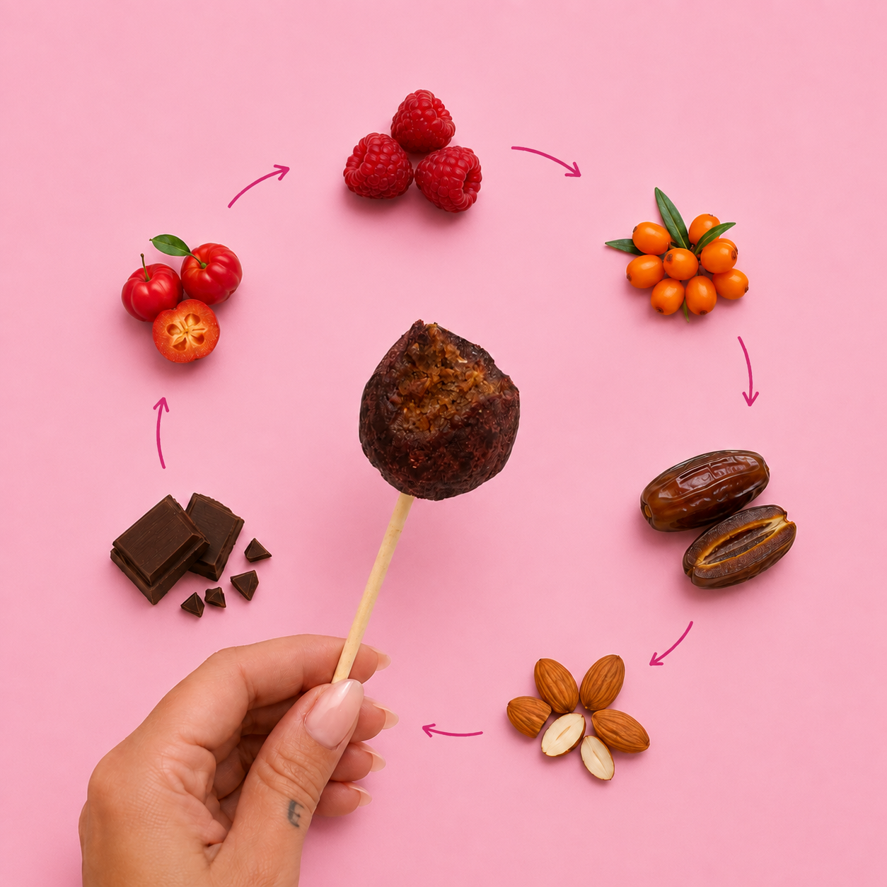 5 ks SweetPop RAW lízatká z datlí – Malina & Rakytník